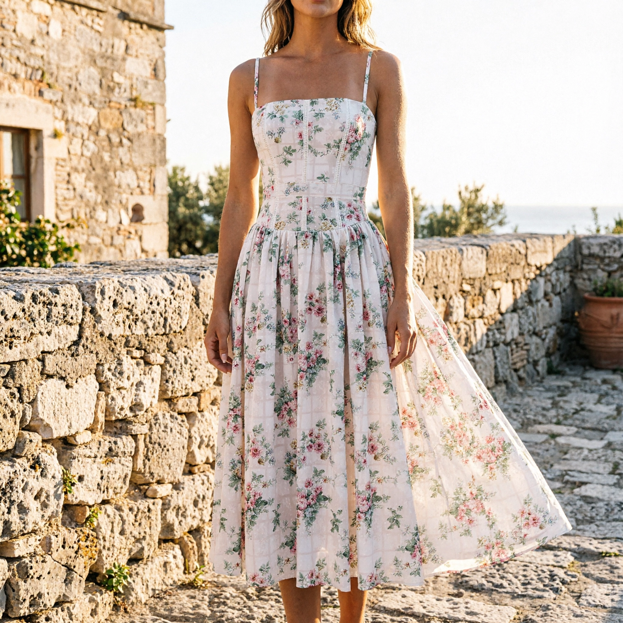 Vestido midi floral con corset