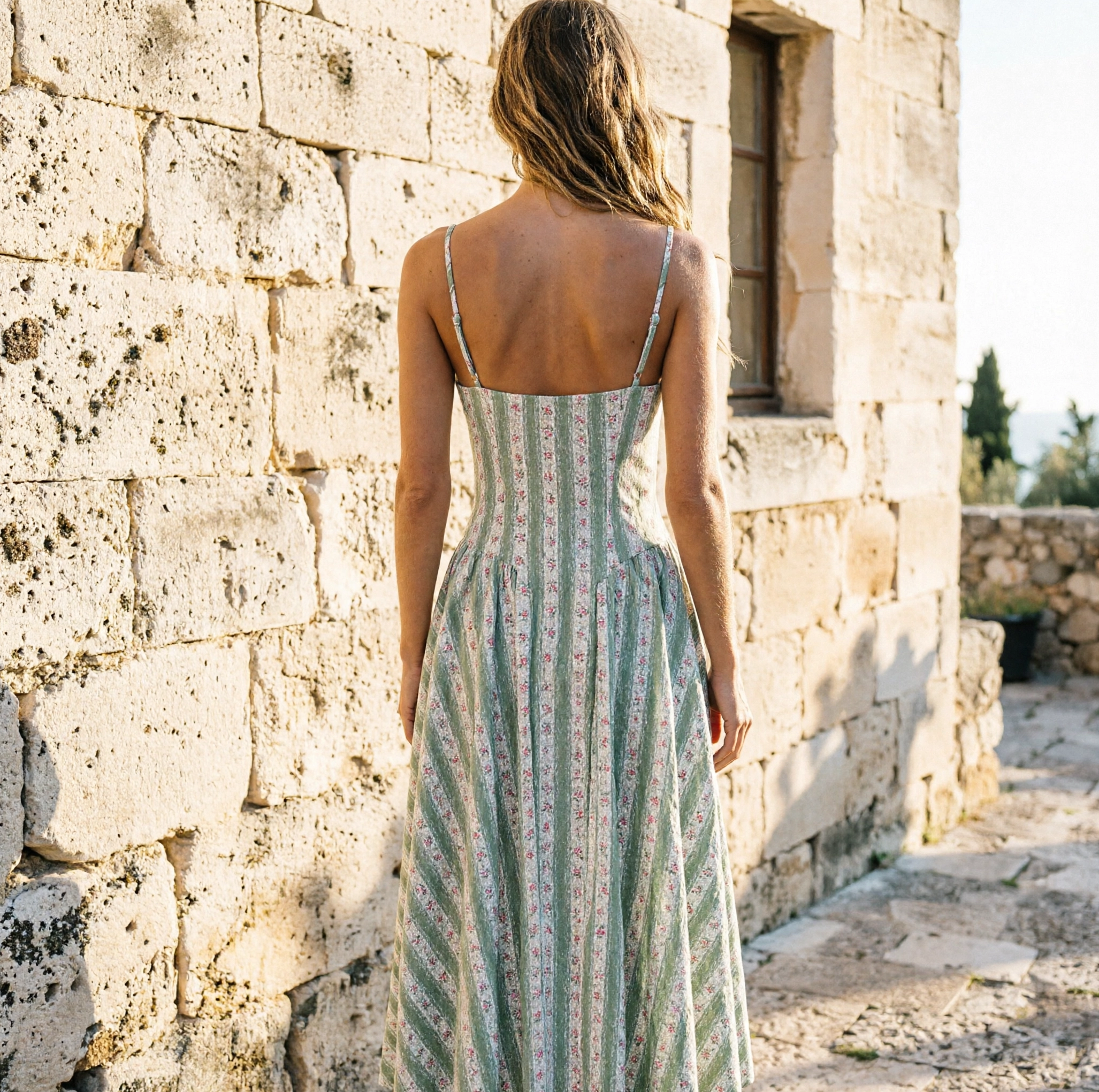 Vestido midi de algodón con tirantes y rayas
