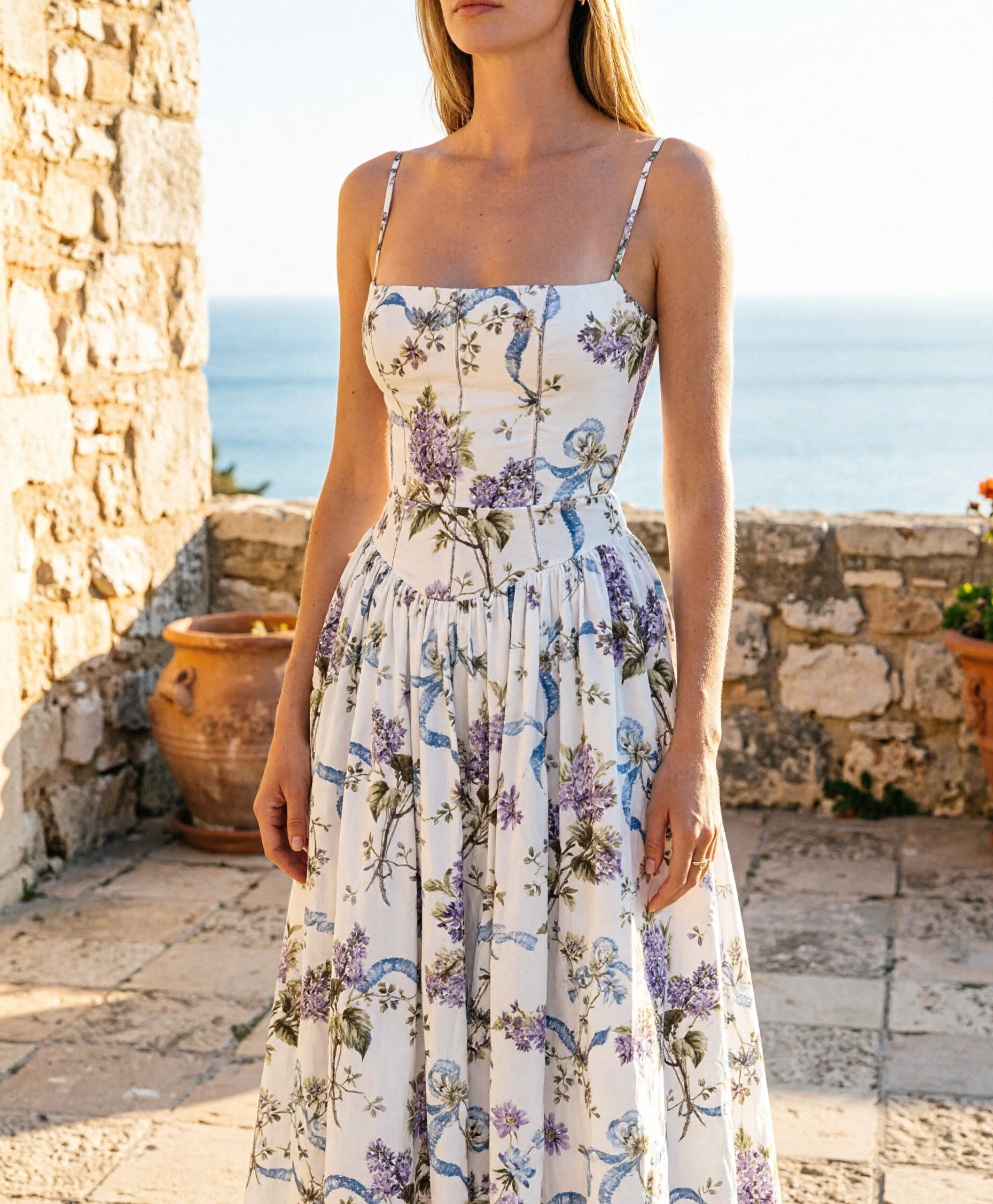 Vestido midi floral con tirantes y corset