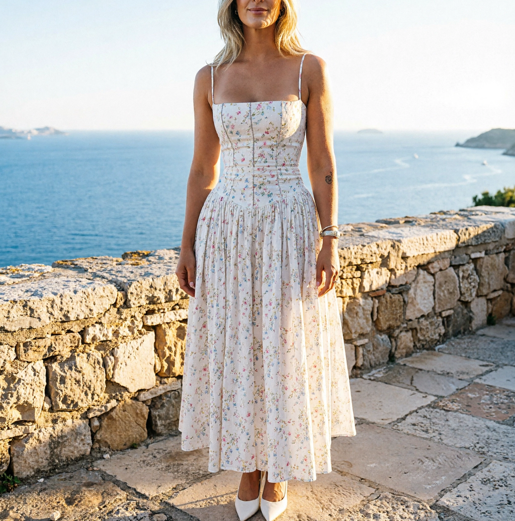 Vestido midi floral con corset y tirantes