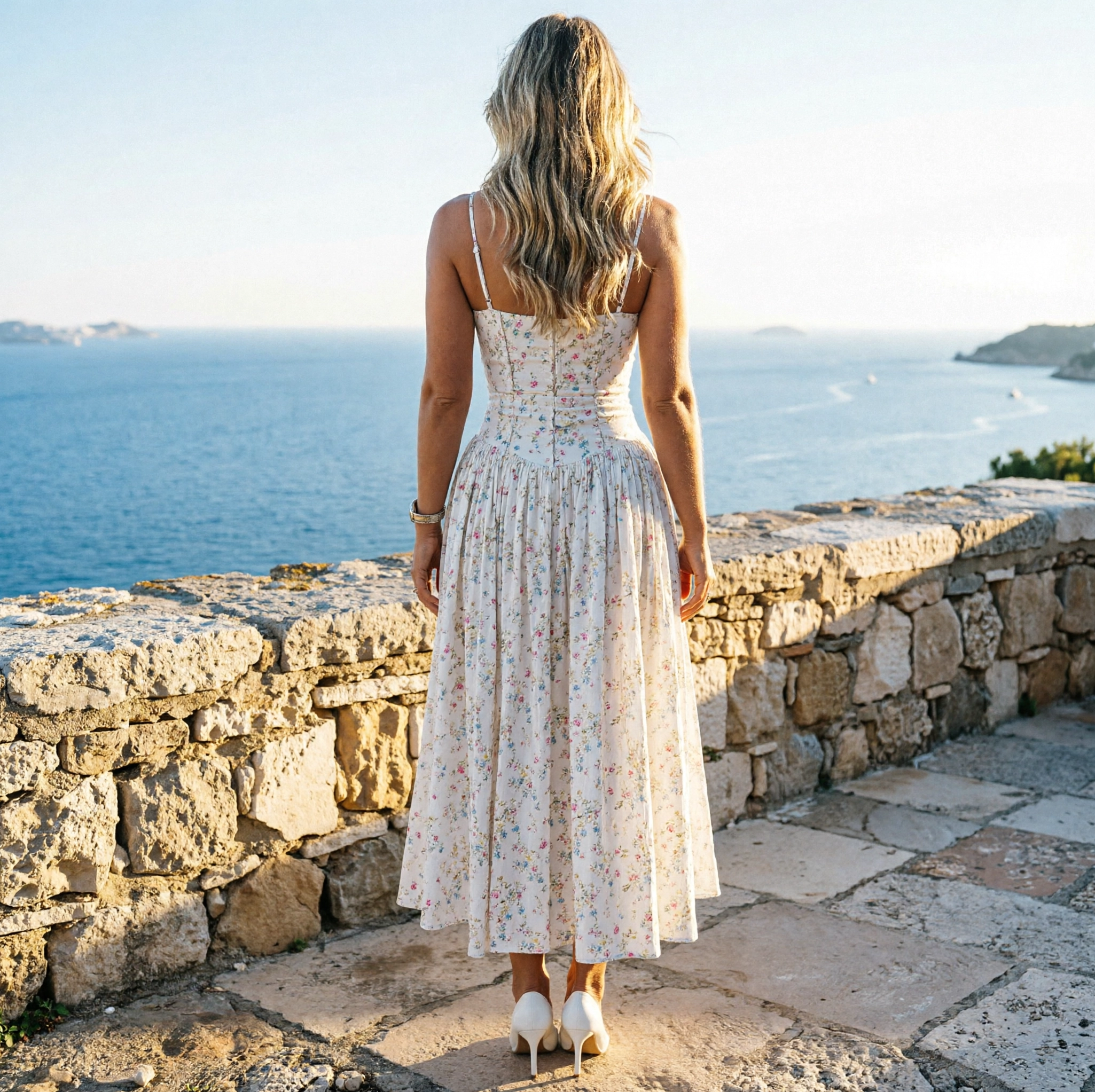 Vestido midi floral con corset y tirantes