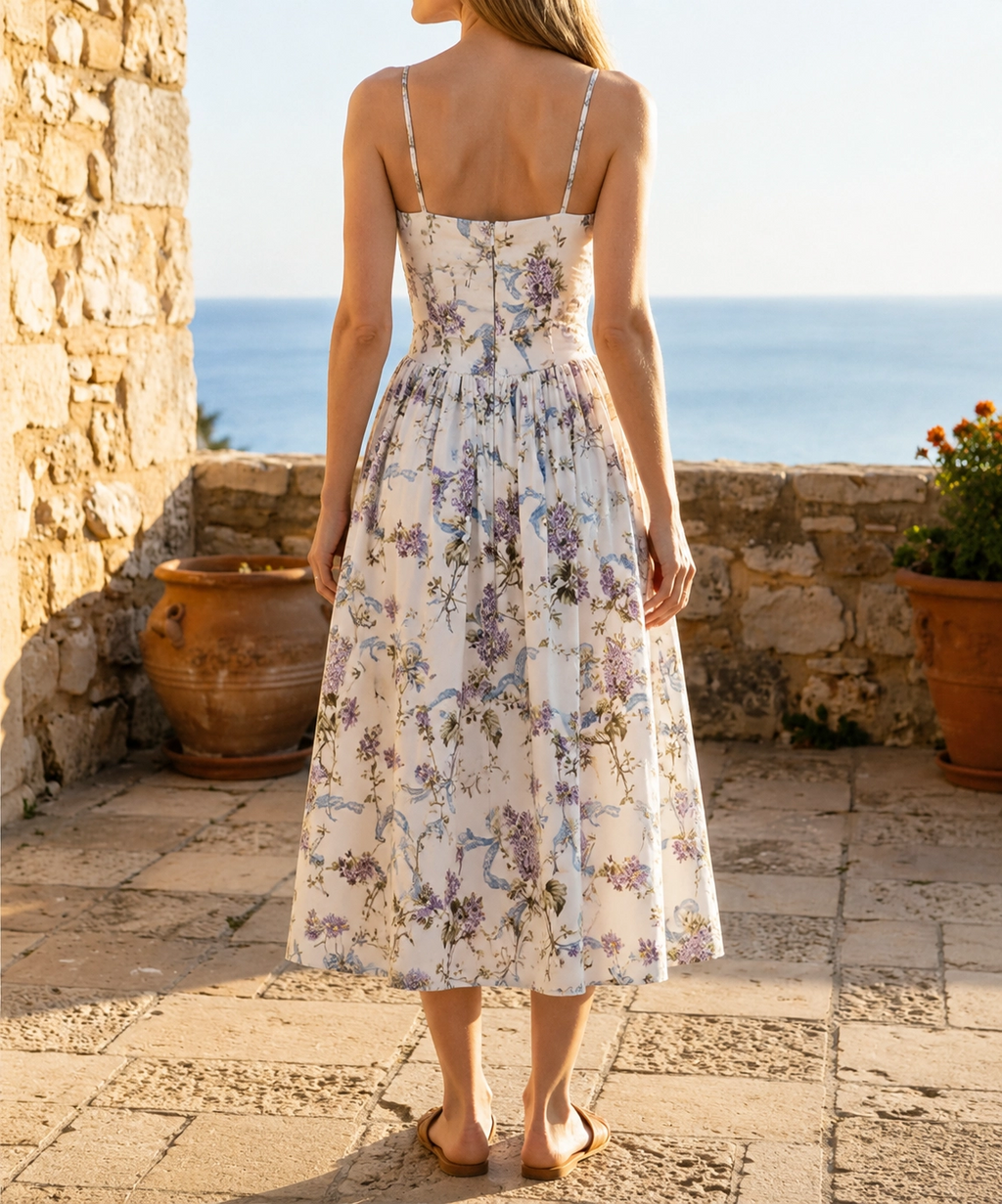Vestido midi floral con tirantes y corset