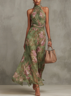 Livia | Vestido Maxi Halter Floral Elegante
