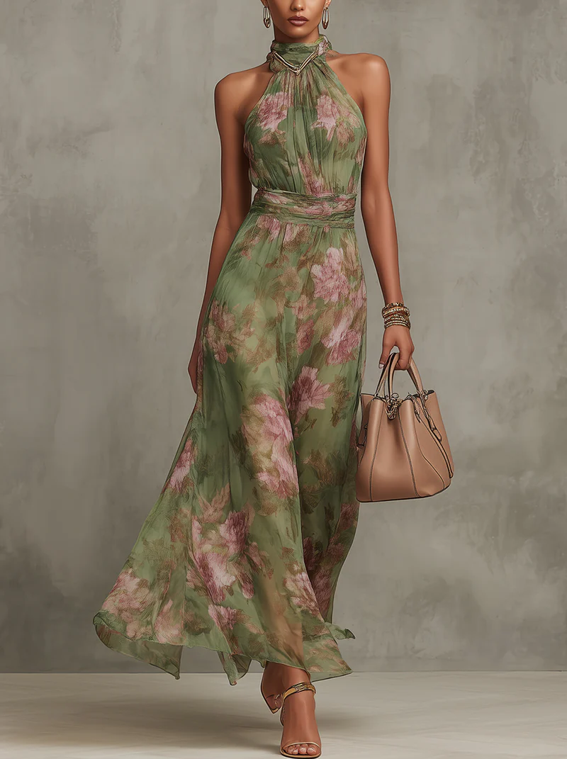 Livia | Vestido Maxi Halter Floral Elegante