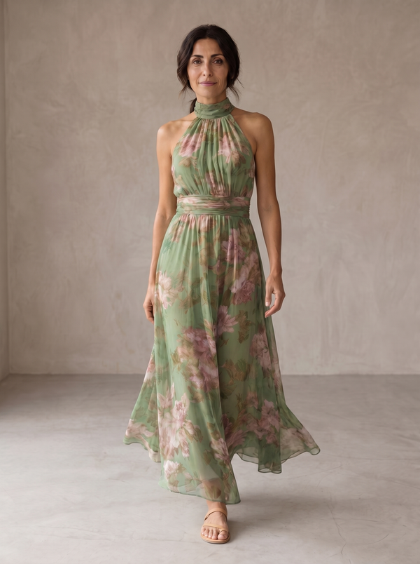 Livia | Vestido Maxi Halter Floral Elegante