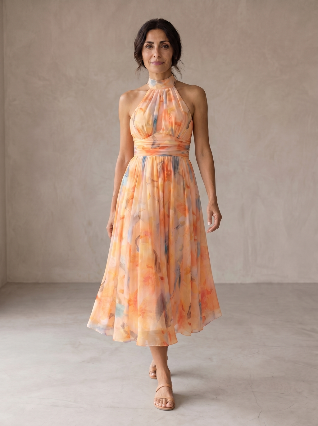 Aurora | Vestido con escote halter y estampado acuarela